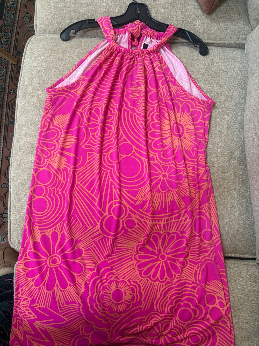 Trina Turk Halter Floral Print Shift Dress in Bright Pink & Orange
